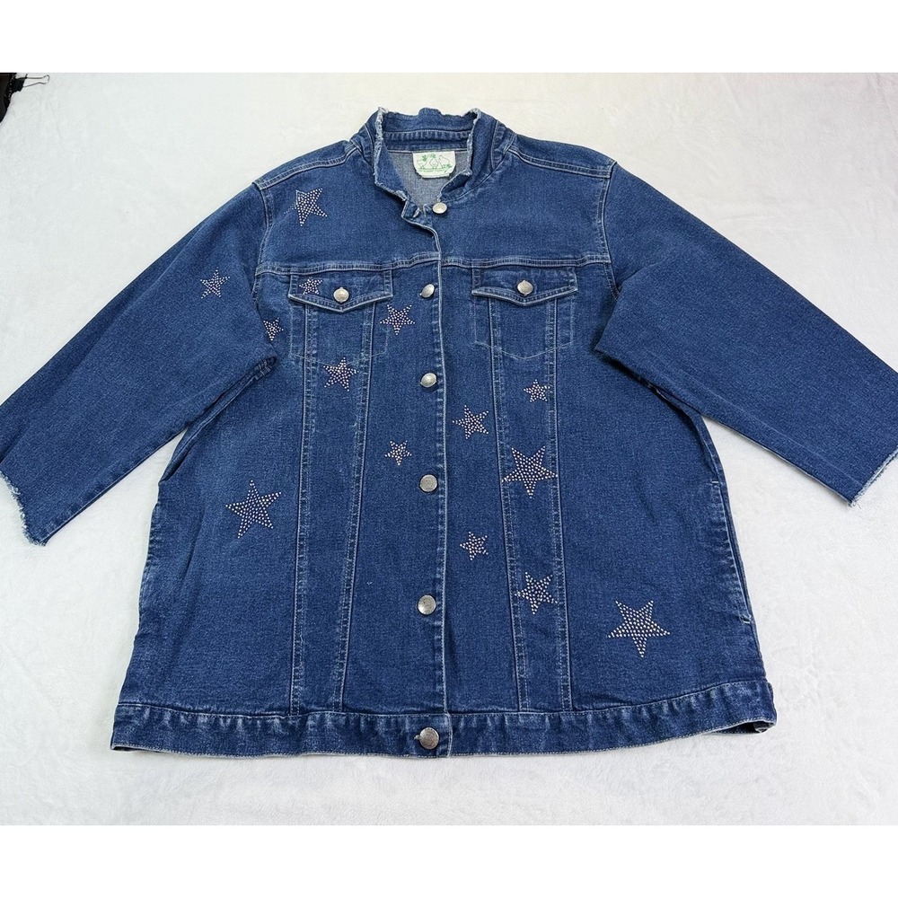 Quacker Factory Denim Shacket Distress Short Sleeve L Glam Stars 4th July VTG